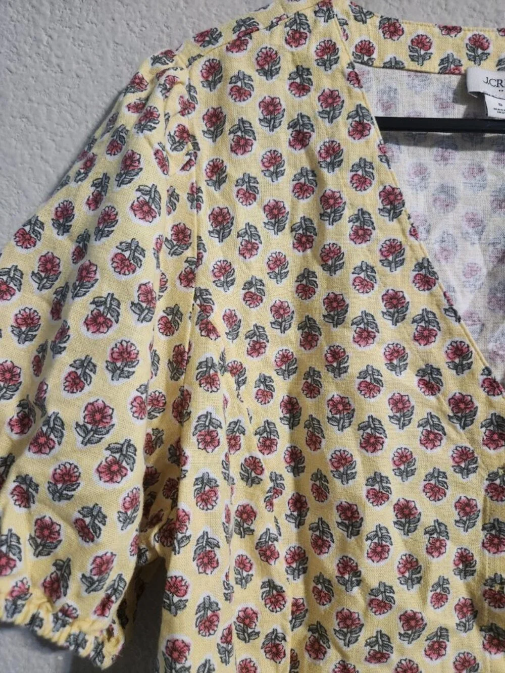 J. Crew Block-print Linen-Blend Button-Up S/S Top Yellow Floral Print size 8